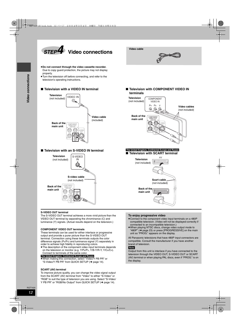 Step, Video connections, Vid e o co nnec tions | Television with scart terminal | Panasonic SC-HT520 User Manual | Page 12 / 40