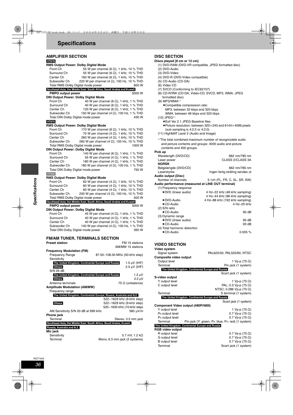 Specifications | Panasonic SC-HT520 User Manual | Page 36 / 40