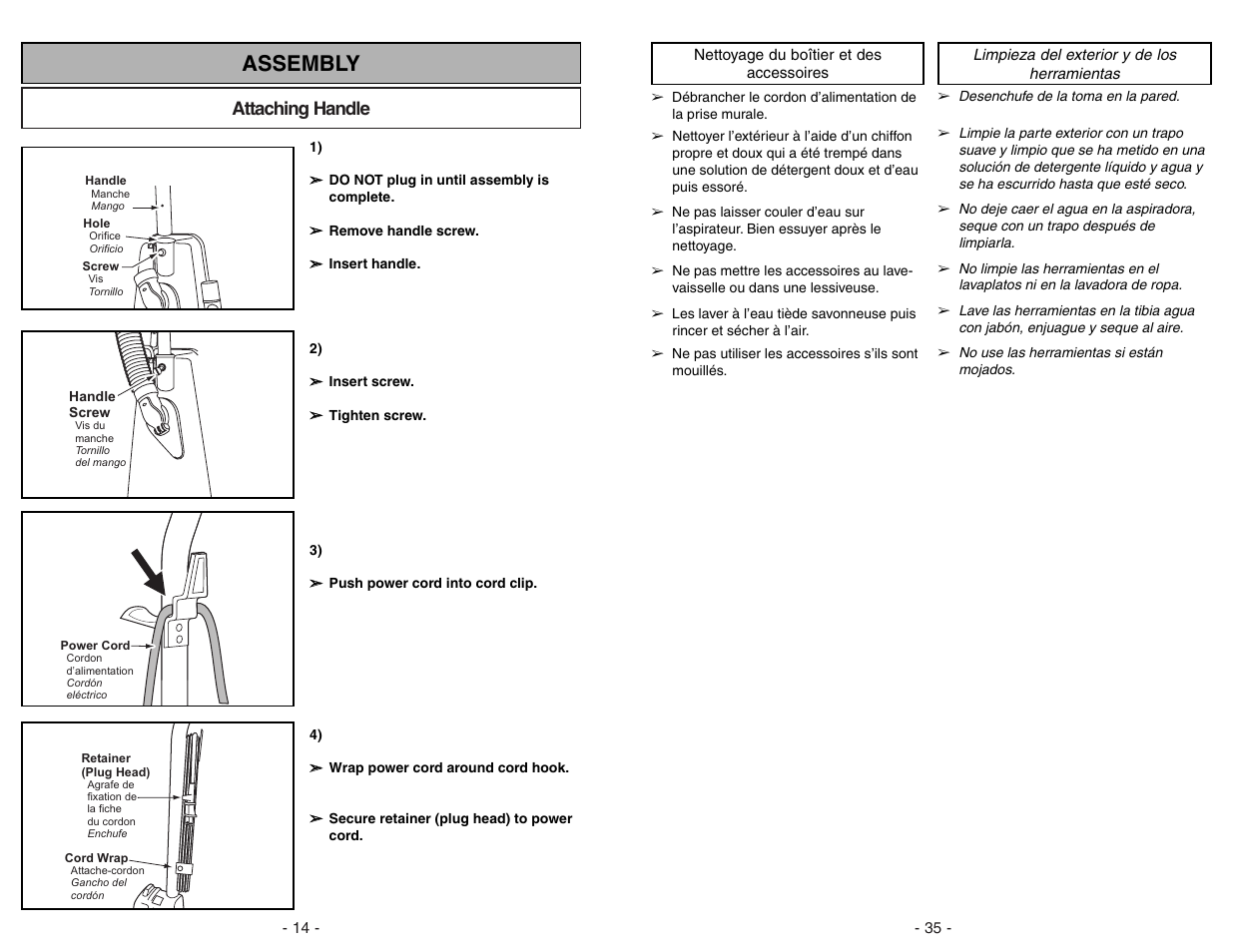 Assembly, Attaching handle | Panasonic MC-V225 User Manual | Page 14 / 48