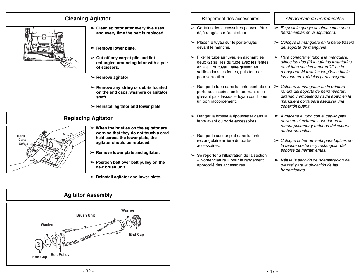 Rangement des accessoires, Almacenaje de herramientas, Cleaning agitator | Agitator assembly replacing agitator | Panasonic MC-V225 User Manual | Page 17 / 48