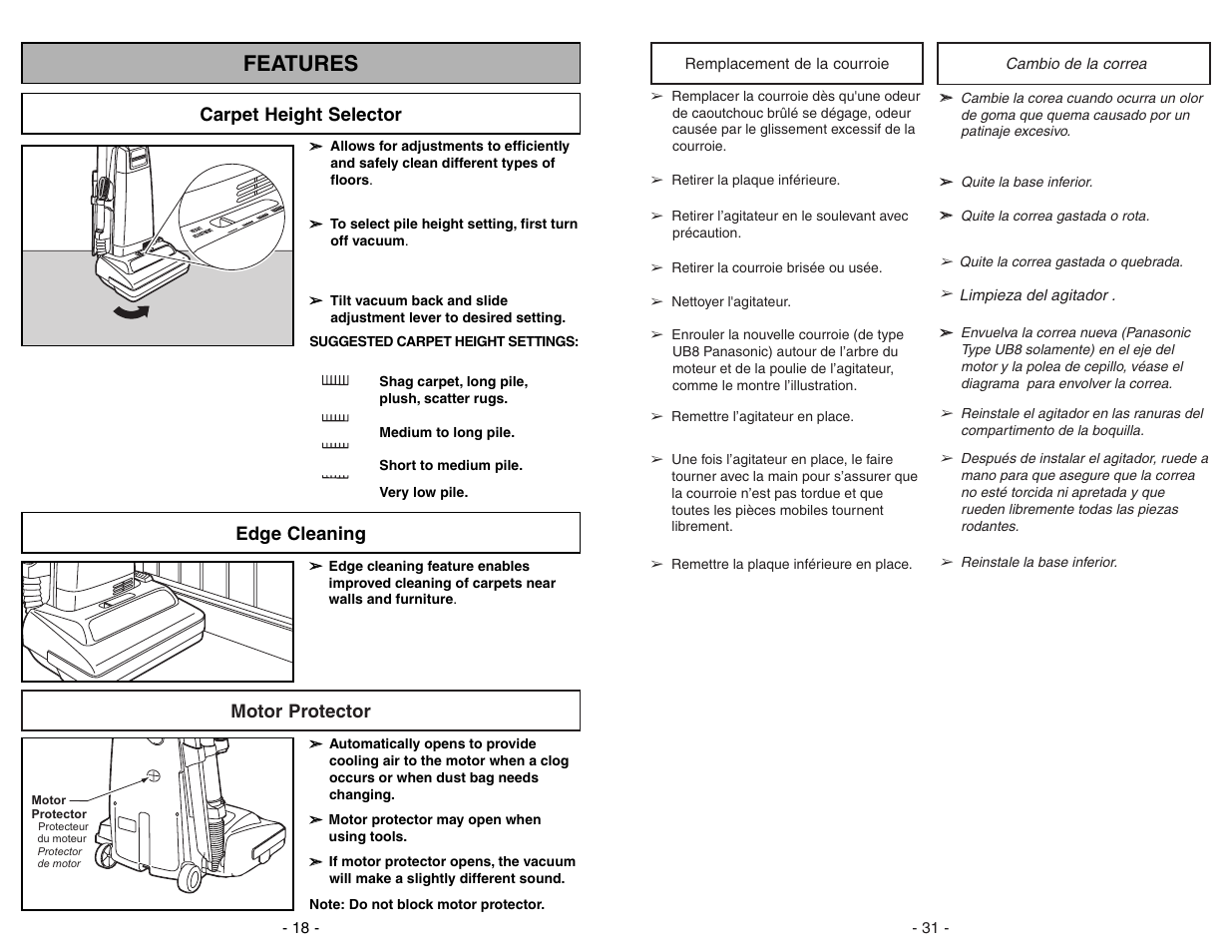 Features, Carpet height selector, Edge cleaning | Motor protector | Panasonic MC-V225 User Manual | Page 18 / 48