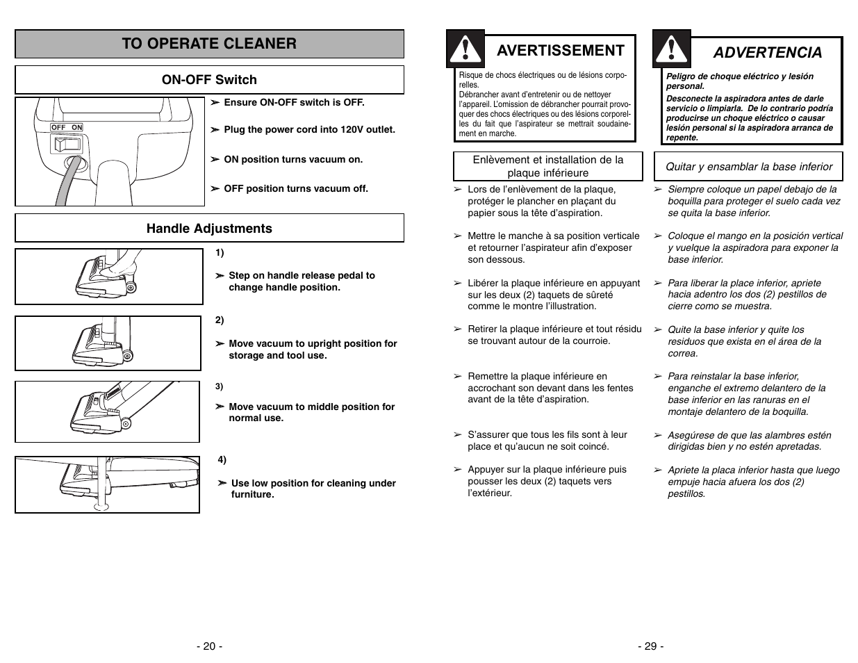 To operate cleaner, On-off switch, Handle adjustments | Advertencia, Avertissement | Panasonic MC-V225 User Manual | Page 20 / 48