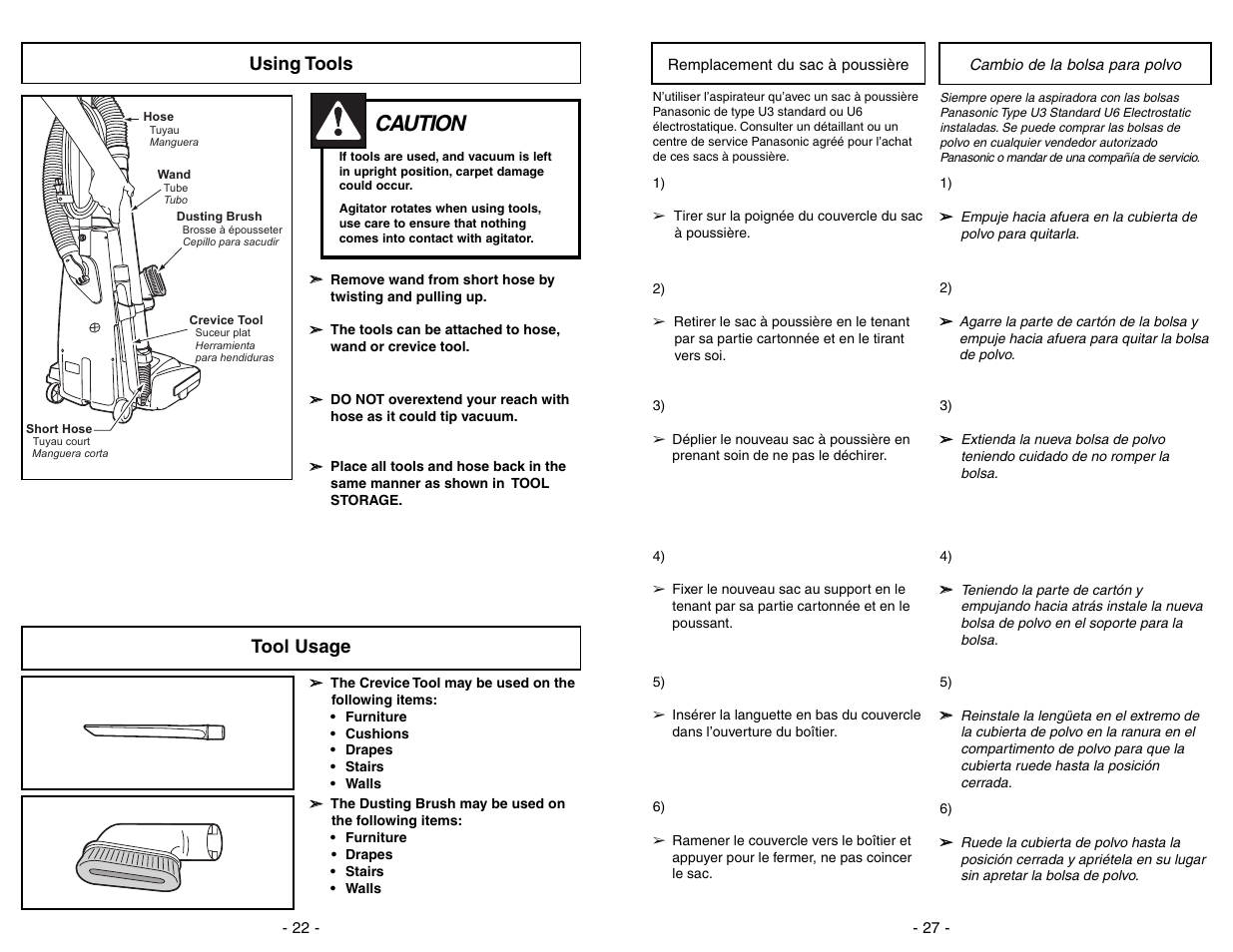 Using tools, Tool usage, Caution | Panasonic MC-V225 User Manual | Page 22 / 48