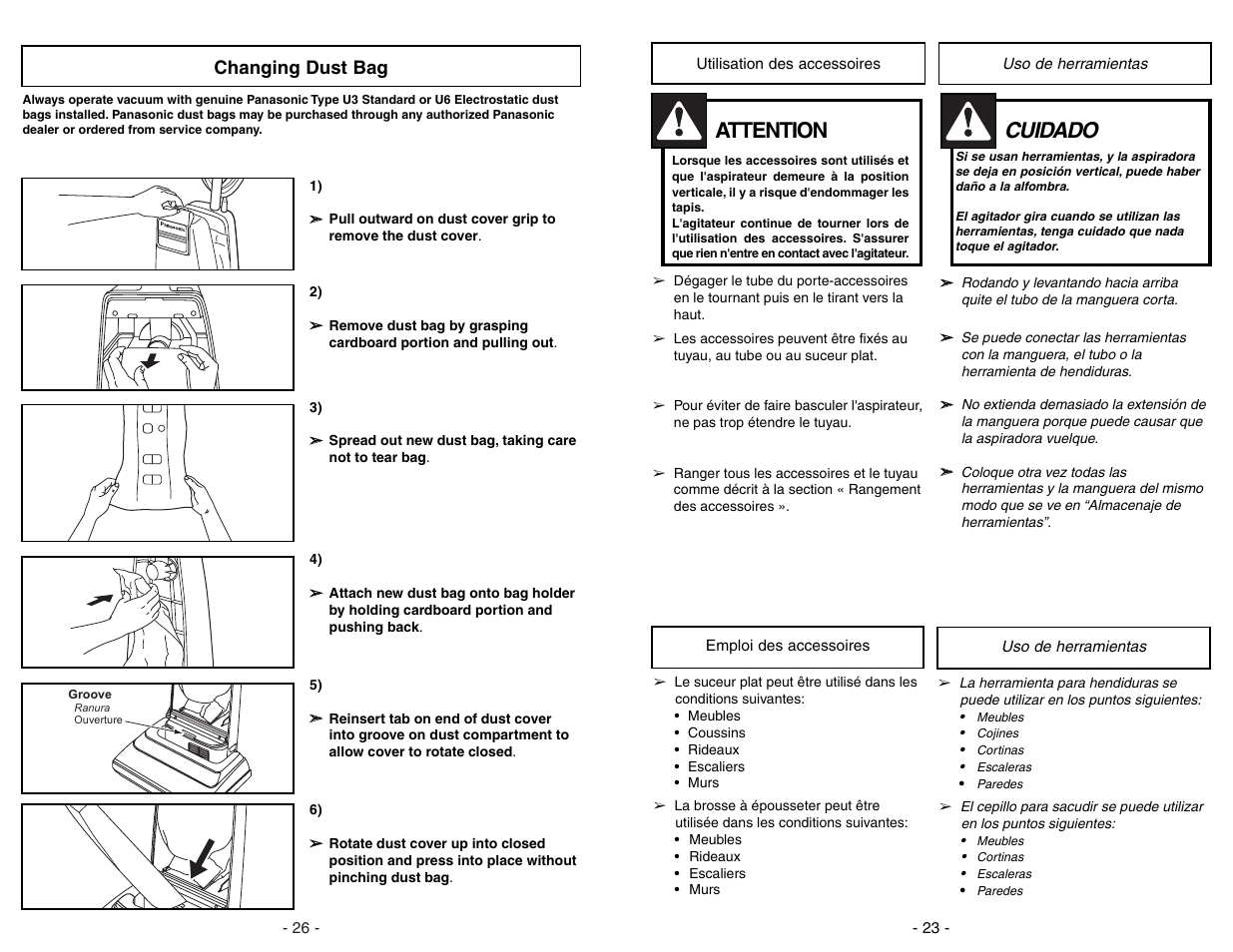 Utilisation des accessoires, Emploi des accessoires, Uso de herramientas | Cuidado, Attention, Changing dust bag | Panasonic MC-V225 User Manual | Page 23 / 48
