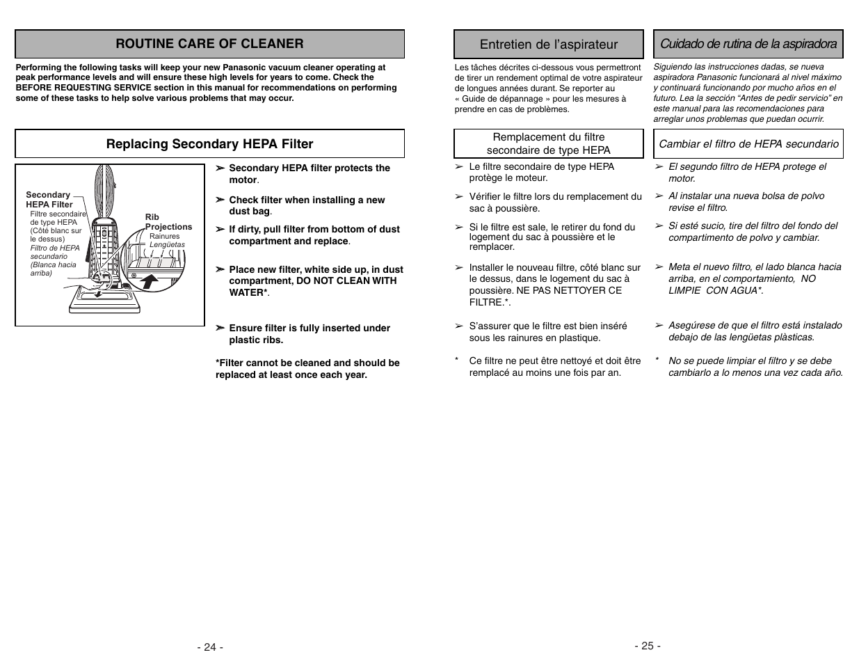 Routine care of cleaner, Replacing secondary hepa filter | Panasonic MC-V225 User Manual | Page 24 / 48