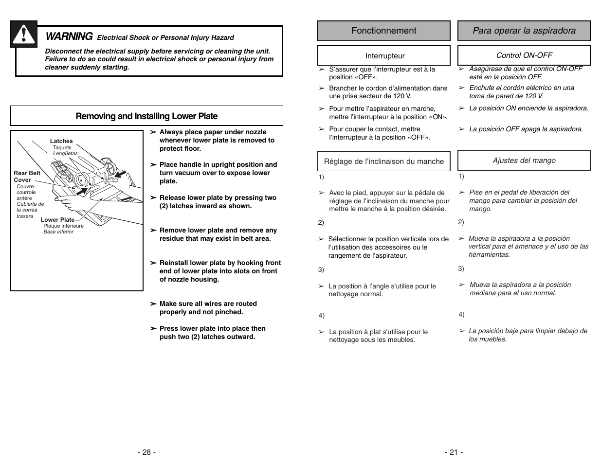 Removing and installing lower plate, Replacing headlight bulb, Warning | Para operar la aspiradora fonctionnement | Panasonic MC-V225 User Manual | Page 28 / 48