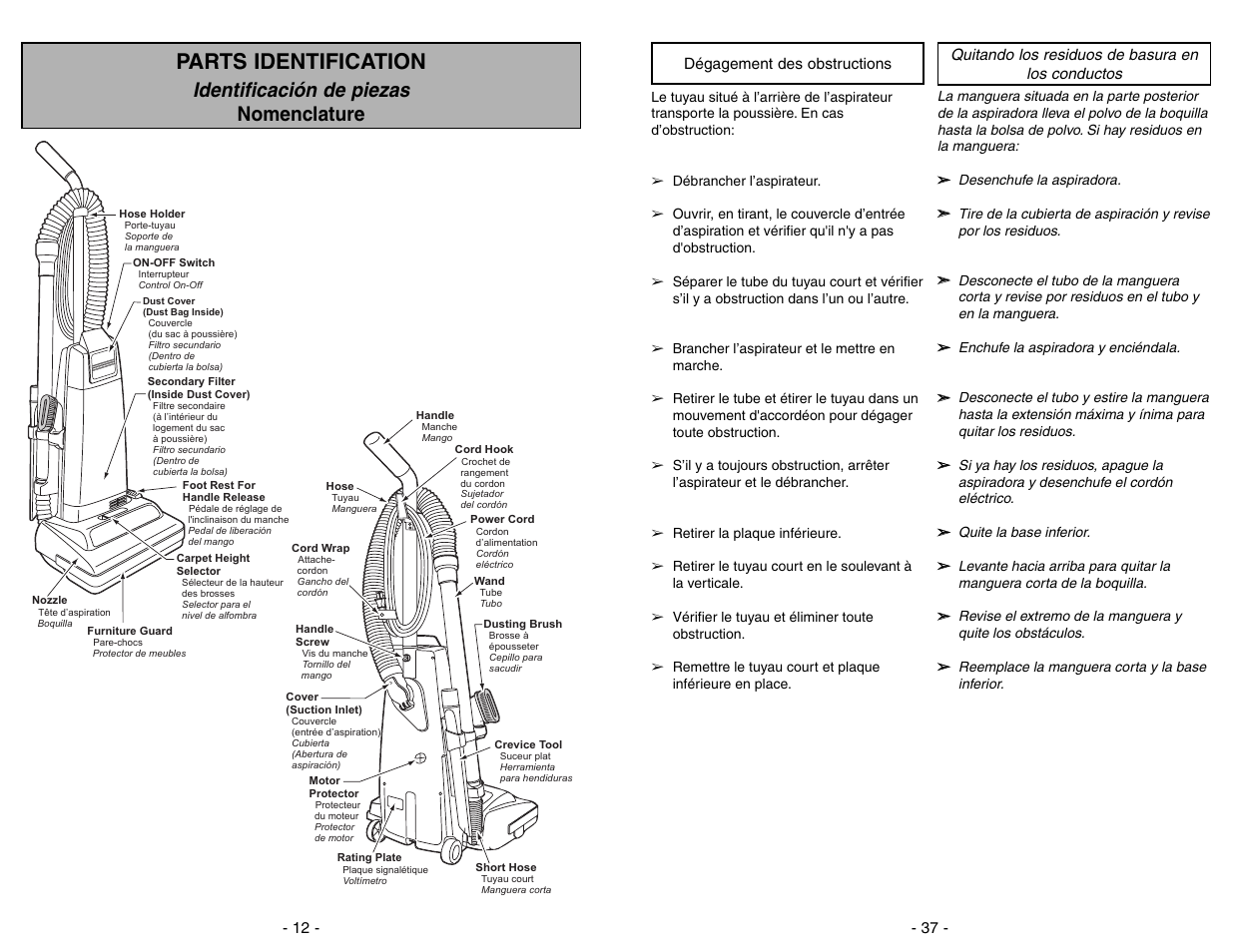 Degagement des obstructions, Quitar de los residuos de basura en los conductos, Parts identification | Identificación de piezas nomenclature | Panasonic MC-V225 User Manual | Page 37 / 48