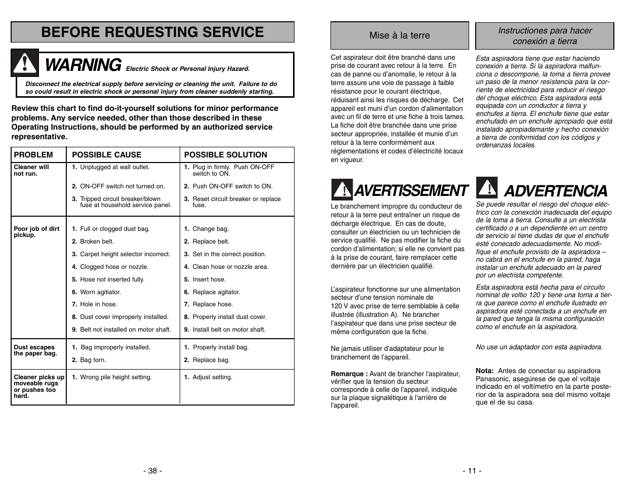 Before requesting service, Warning, Avertissement | Advertencia | Panasonic MC-V225 User Manual | Page 38 / 48