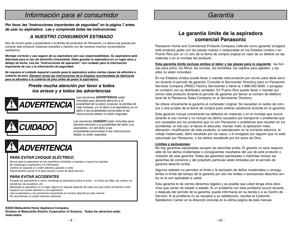 Advertencia, Cuidado, Información para el consumidor | Garantía | Panasonic MC-V225 User Manual | Page 4 / 48