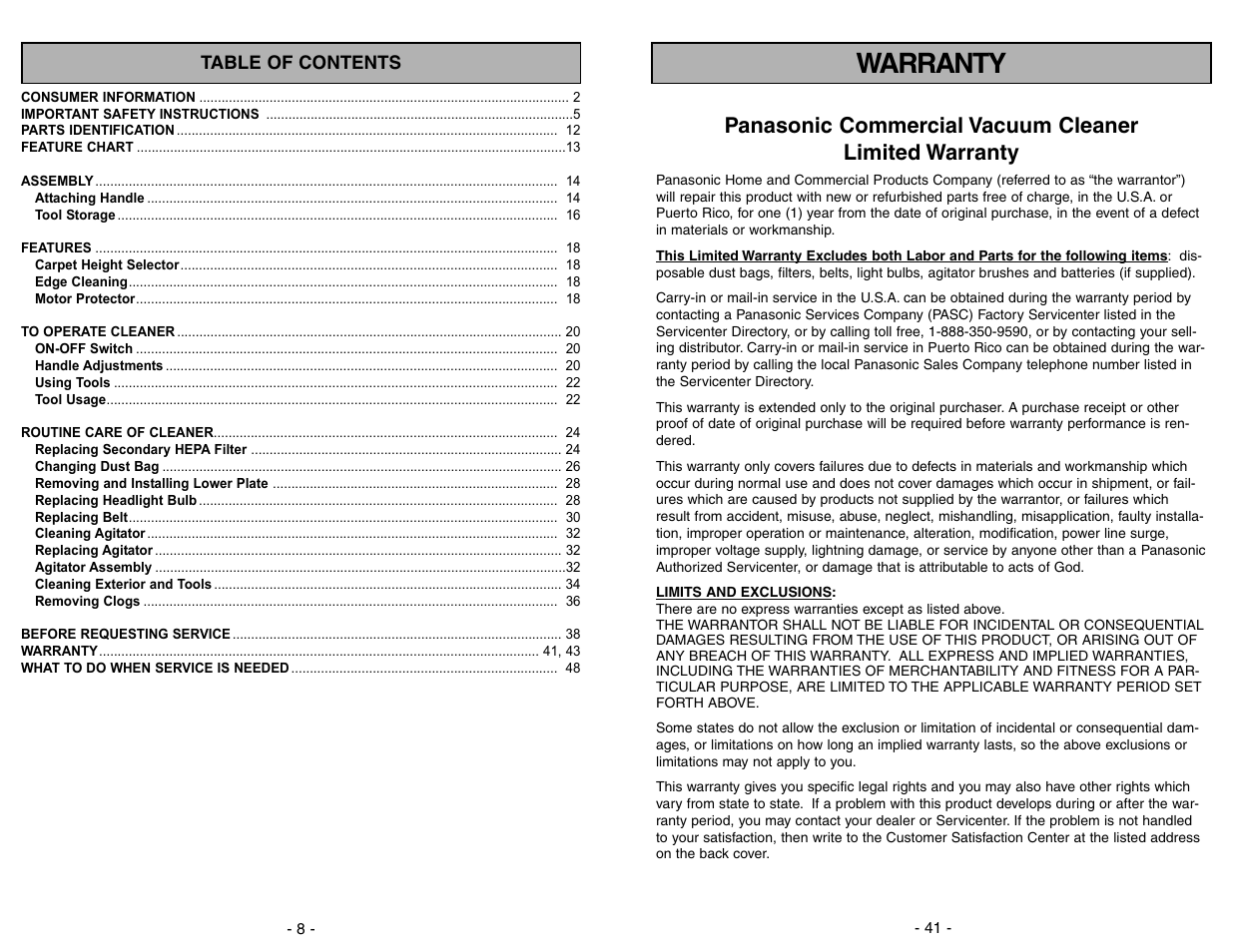 Warranty | Panasonic MC-V225 User Manual | Page 41 / 48