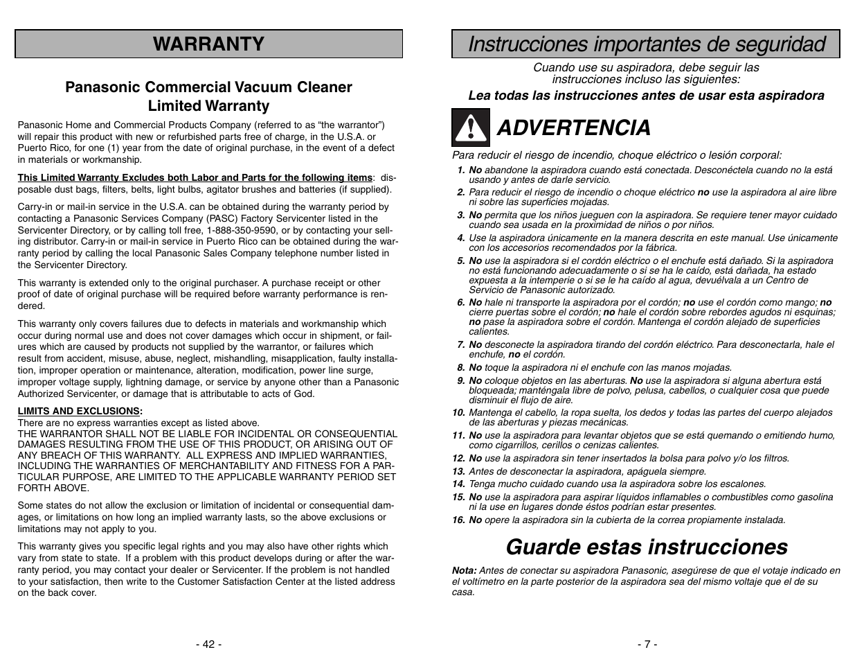 Instrucciones importantes de seguridad, Advertencia, Guarde estas instrucciones | Warranty | Panasonic MC-V225 User Manual | Page 42 / 48