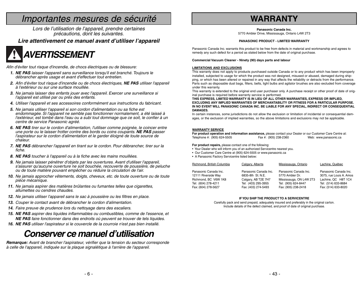 Importantes mesures de sécurité, Avertissement, Conserver ce manuel d’utilisation | Warranty | Panasonic MC-V225 User Manual | Page 43 / 48