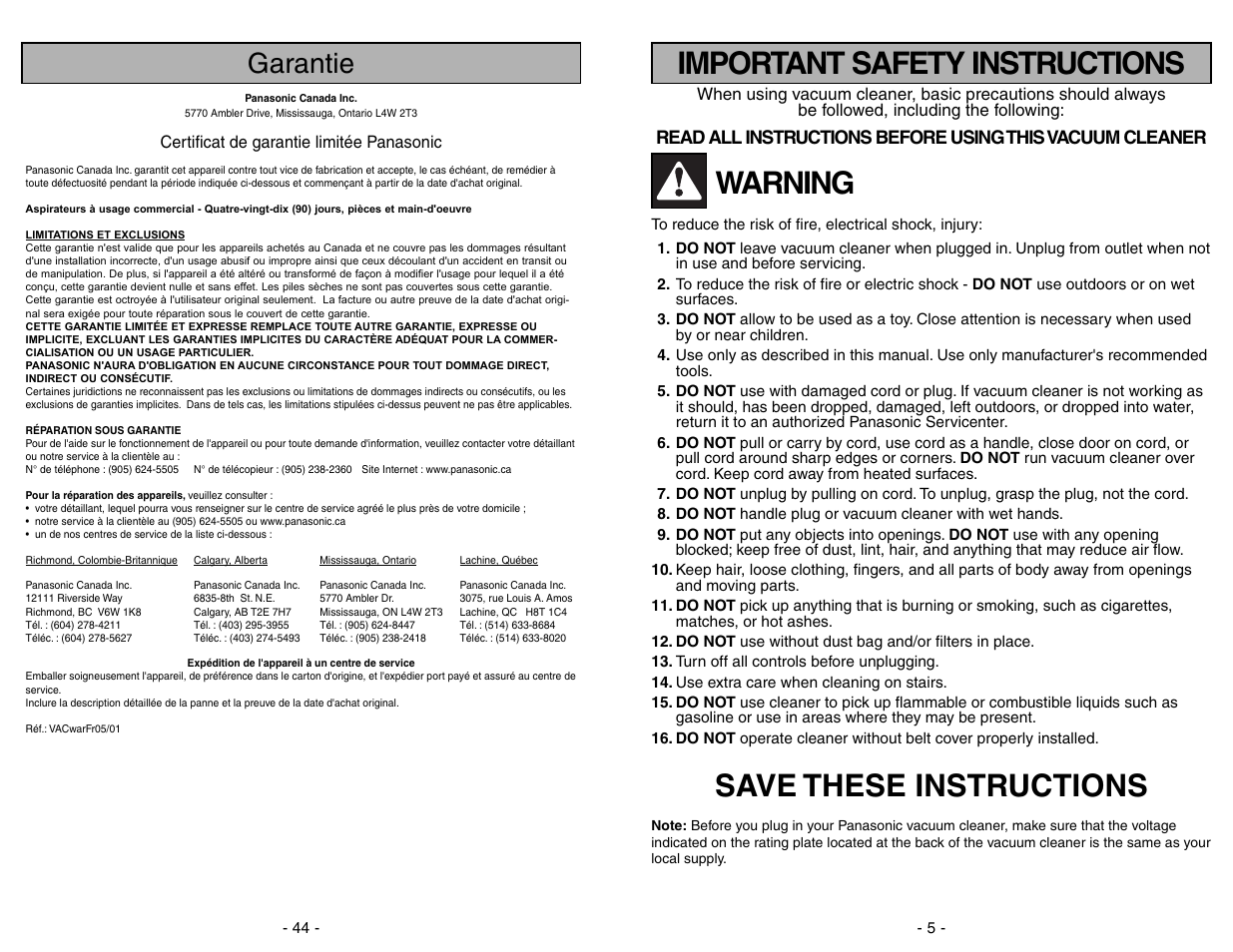Garantie, Garantia, Warning | Save these instructions, Important safety instructions | Panasonic MC-V225 User Manual | Page 44 / 48