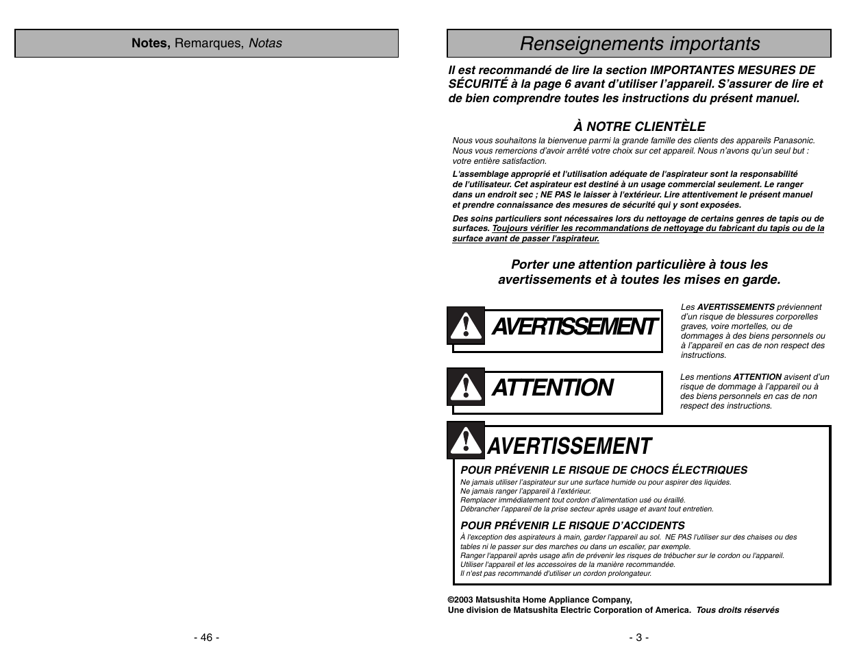 Attention, Avertissement, Renseignements importants | Panasonic MC-V225 User Manual | Page 46 / 48