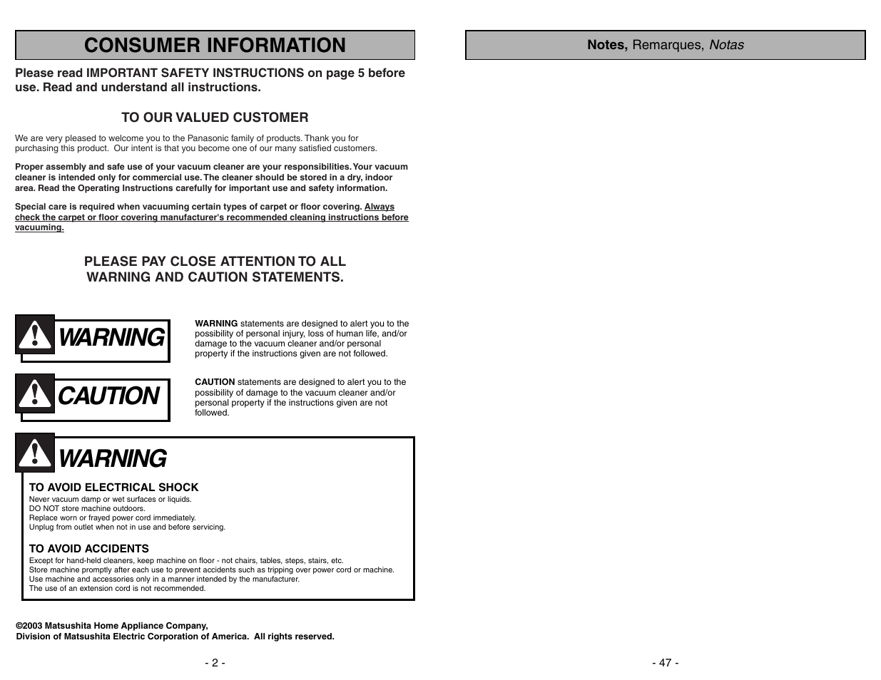 Warning, Caution, Consumer information | Panasonic MC-V225 User Manual | Page 47 / 48