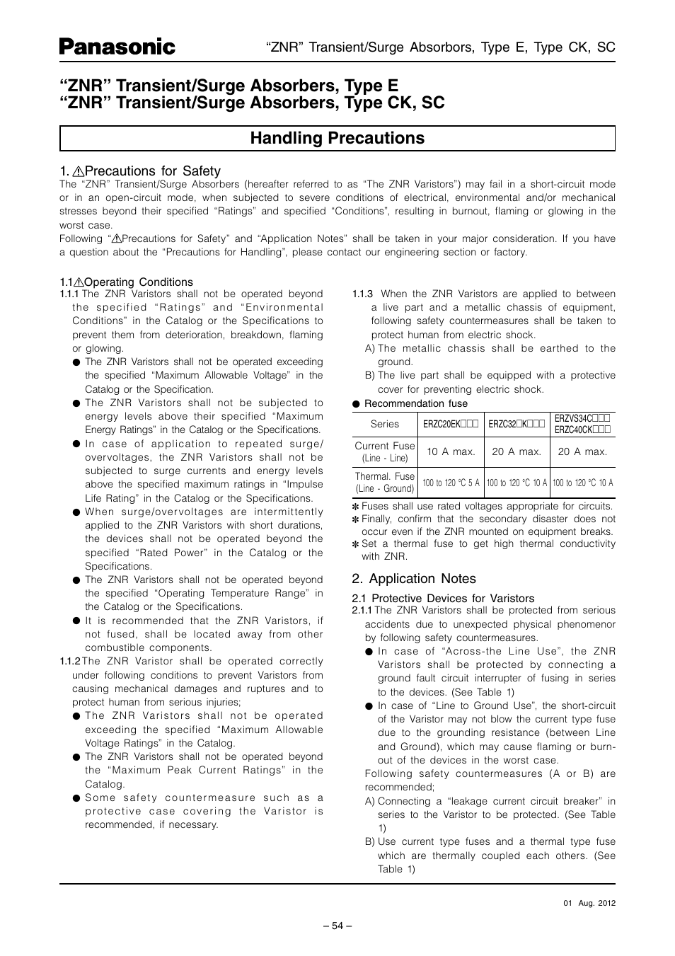 Panasonic ZNR TYPE E User Manual | 3 pages