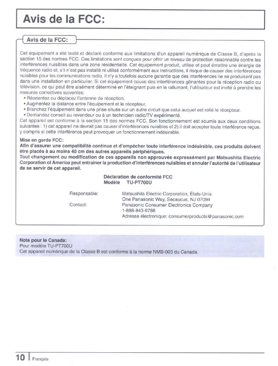 Avis de la fcc, Déclaration de conformité fcc modèle tu-pt700u, Note pour le canada | Panasonic tu-pt7000 User Manual | Page 10 / 17