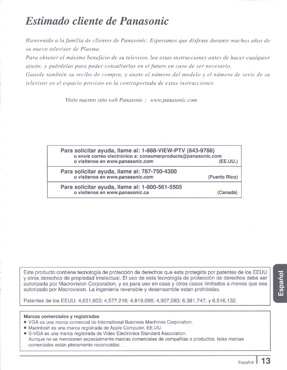 Para solicitar ayuda, llame al: 787-750-4300, Puerto rico), Para solicitar ayuda, llame al: 1-800-561-5505 | Canadá), Marcas comerciales y registradas, Estimado cliente de panasonic | Panasonic tu-pt7000 User Manual | Page 12 / 17