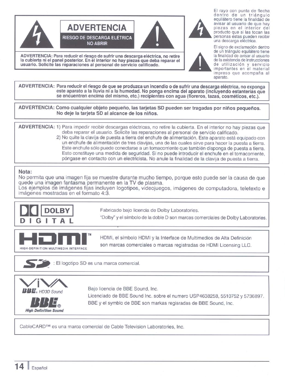 Advertencia, Harm, Dolby | Panasonic tu-pt7000 User Manual | Page 13 / 17