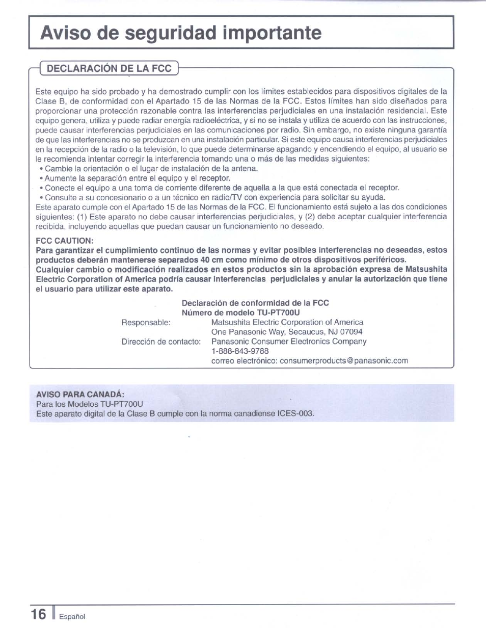 Declaración de la fcc, Fcc caution, Aviso para canada | Panasonic tu-pt7000 User Manual | Page 15 / 17