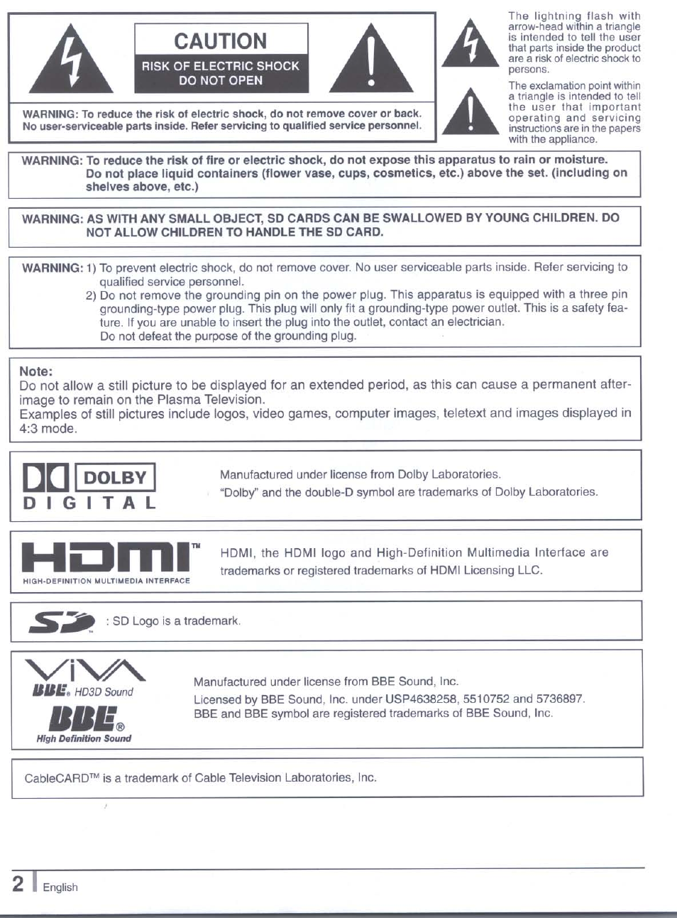 Caution, Hsmi, Dolby | D 1 g 1 t a l | Panasonic tu-pt7000 User Manual | Page 2 / 17