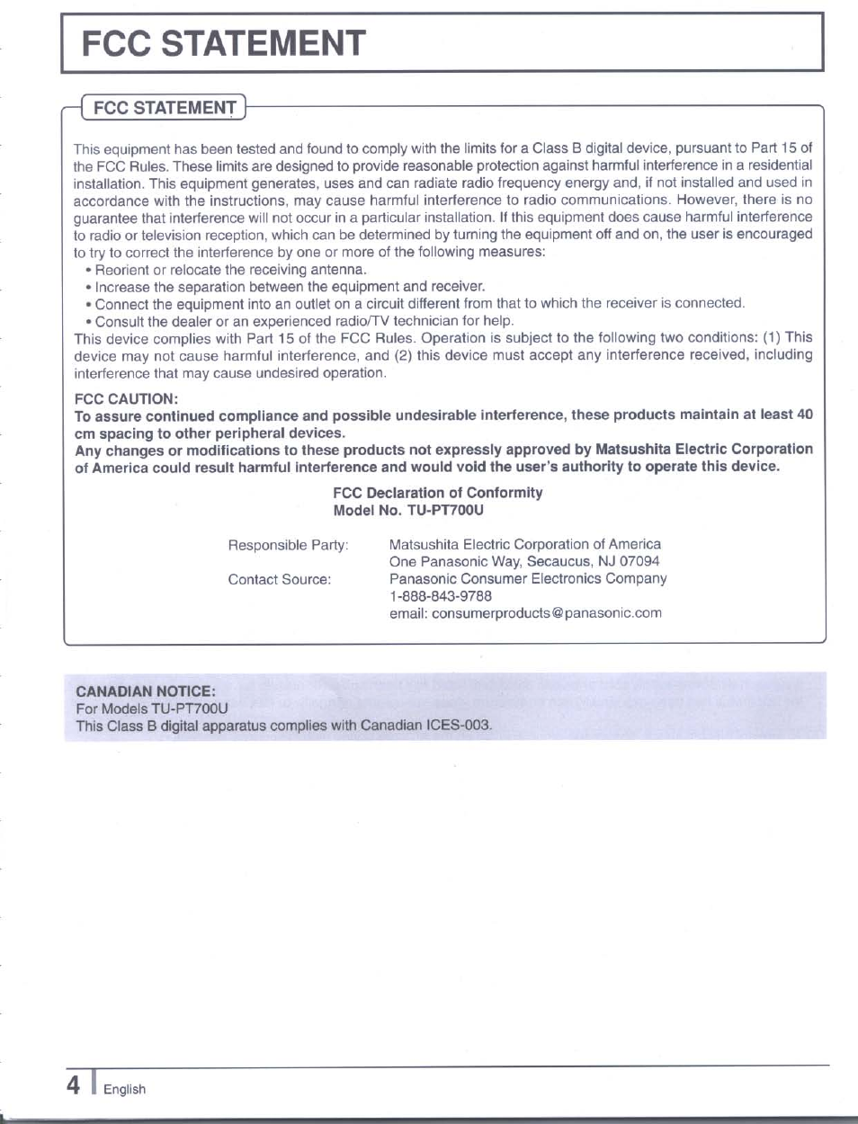 Fcc statement, Fcc caution, Fcc declaration of conformity model no. tu-pt700u | Canadian notice | Panasonic tu-pt7000 User Manual | Page 4 / 17