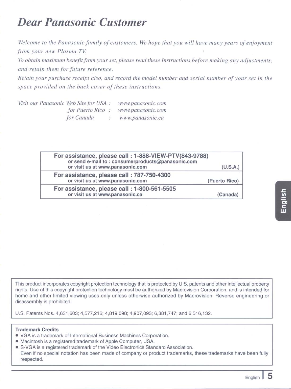 U.s.a.), For assistance, please call: 787-750-4300, For assistance, please call: 1-800-561-5505 | Puerto rico), Canada), Trademark credits, Dear panasonic customer | Panasonic tu-pt7000 User Manual | Page 5 / 17