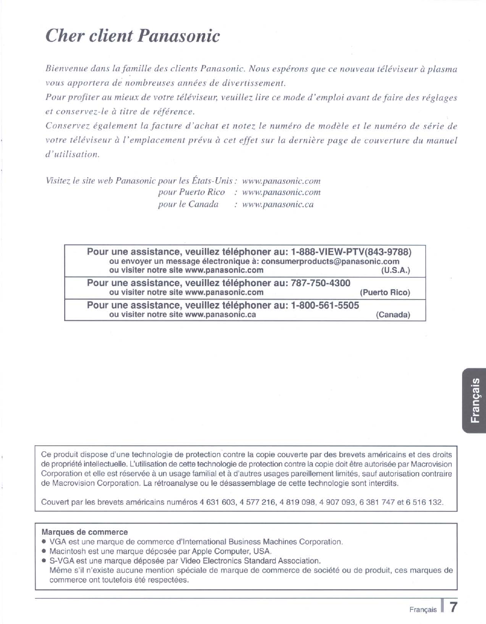 Marques de commerce, Cher client panasonic | Panasonic tu-pt7000 User Manual | Page 7 / 17