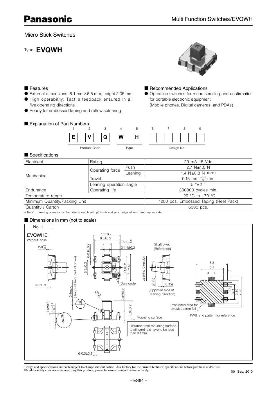 Panasonic EVQWH User Manual | 2 pages