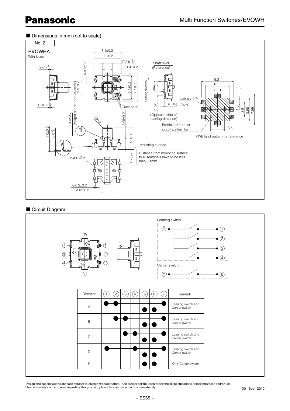 Multi function switches/evqwh, Evqwha, Dimensions in mm (not to scale) | Circuit diagram | Panasonic EVQWH User Manual | Page 2 / 2