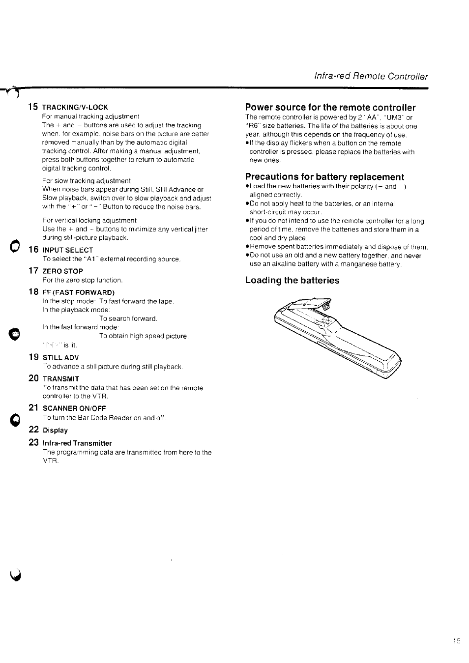 Power source for the remote controller, Precautions for battery replacement, Loading the batteries | Infra-red remote controller | Panasonic NV-SD10 Series User Manual | Page 15 / 36