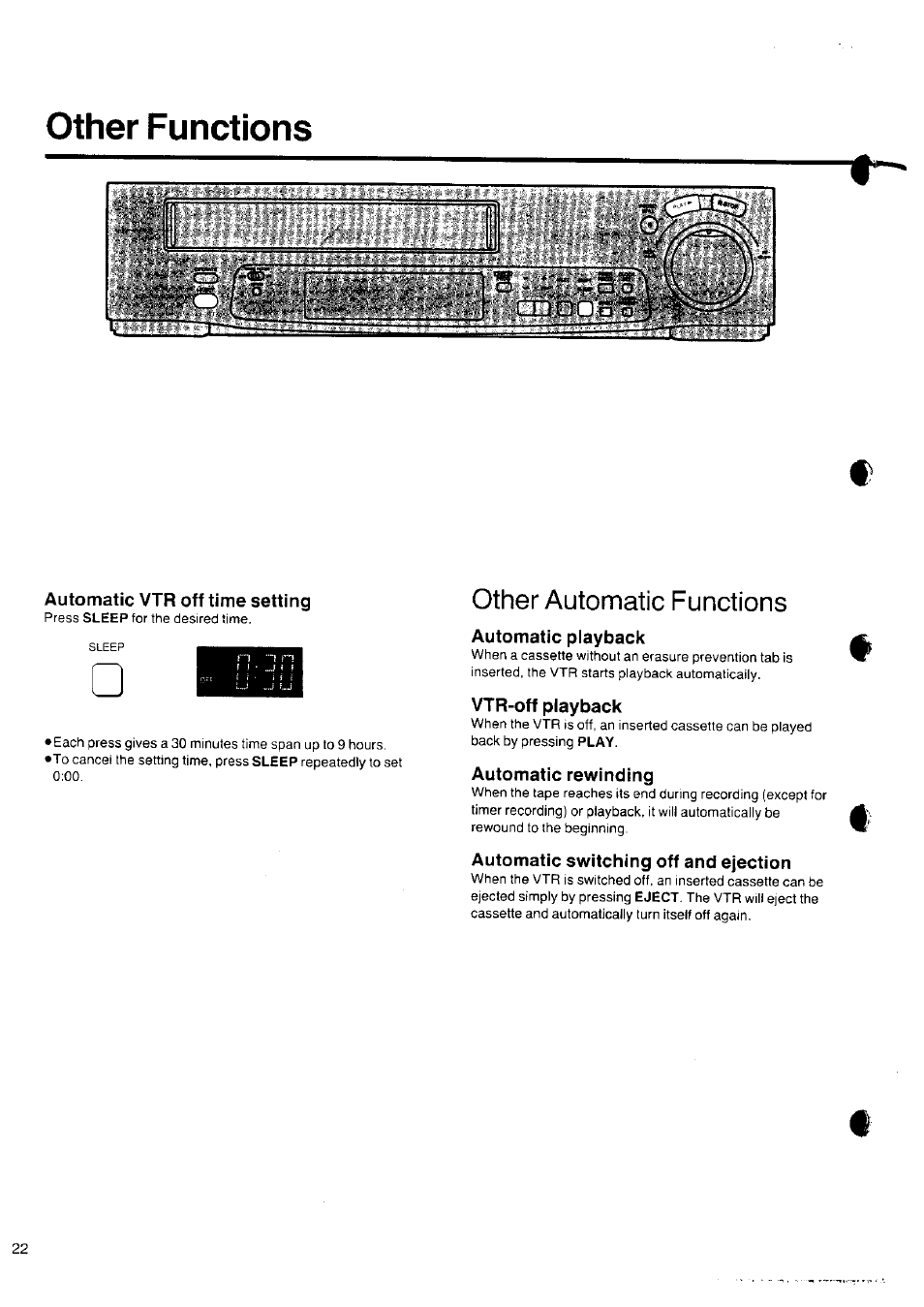 Other functions, Automatic vtr off time setting, Automatic playback | Vtr-off playback, Automatic rewinding, Automatic switching off and ejection, Other automatic functions | Panasonic NV-SD10 Series User Manual | Page 21 / 36