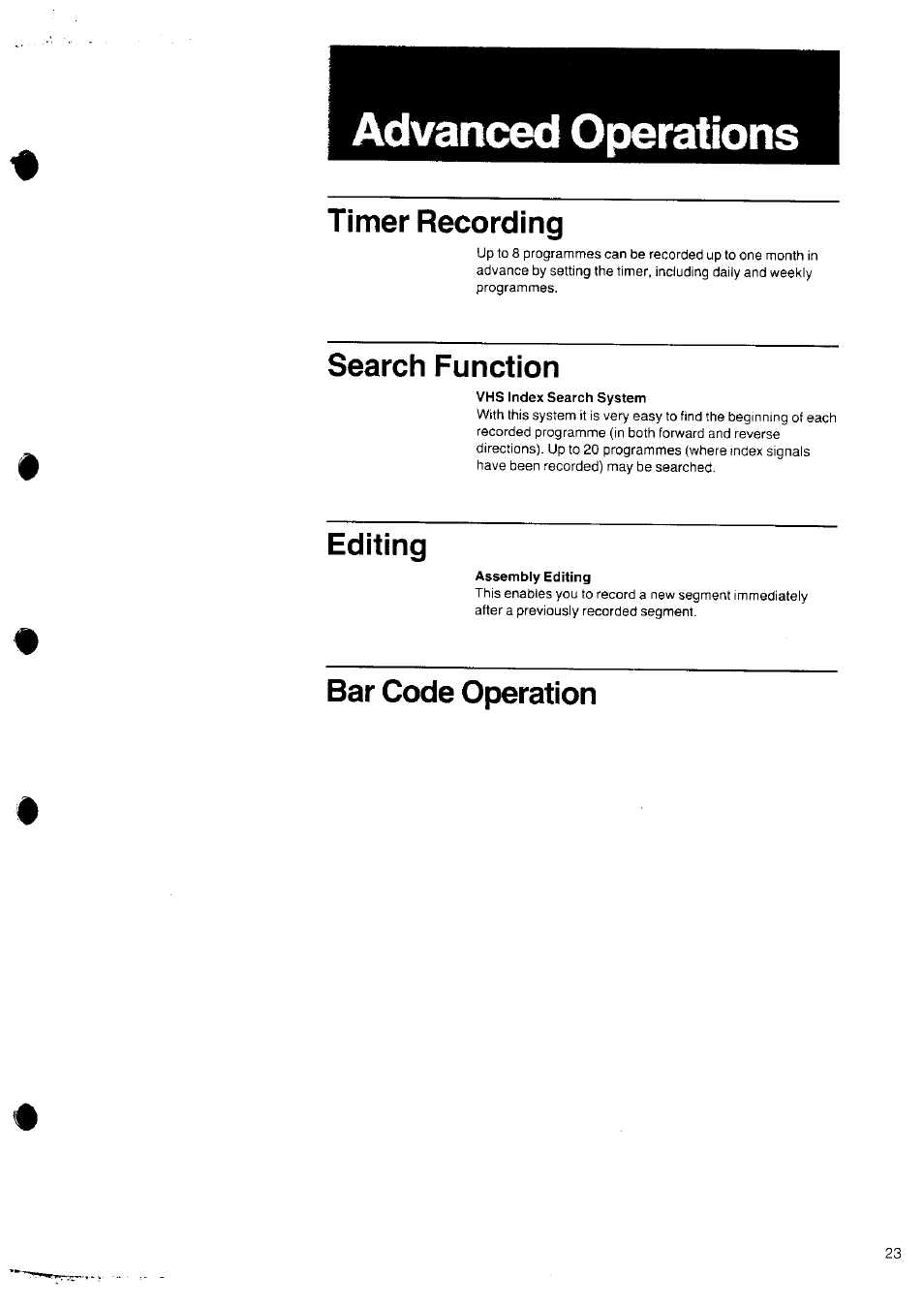 Advanced operations, Timer recording, Search function | Editing, Bar code operation | Panasonic NV-SD10 Series User Manual | Page 22 / 36