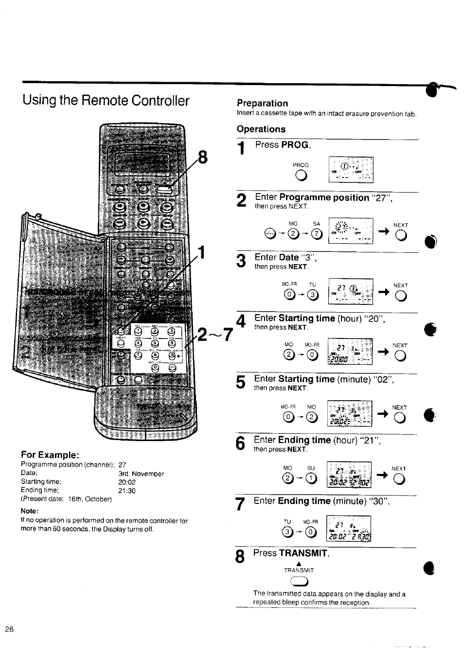 For example, Preparation, Operations | Press prog, Enter date “3, Press transmit, Enter starting time (minute) “02, Y enter ending time (minute) “30, Using the remote controller, 0i in | Panasonic NV-SD10 Series User Manual | Page 25 / 36