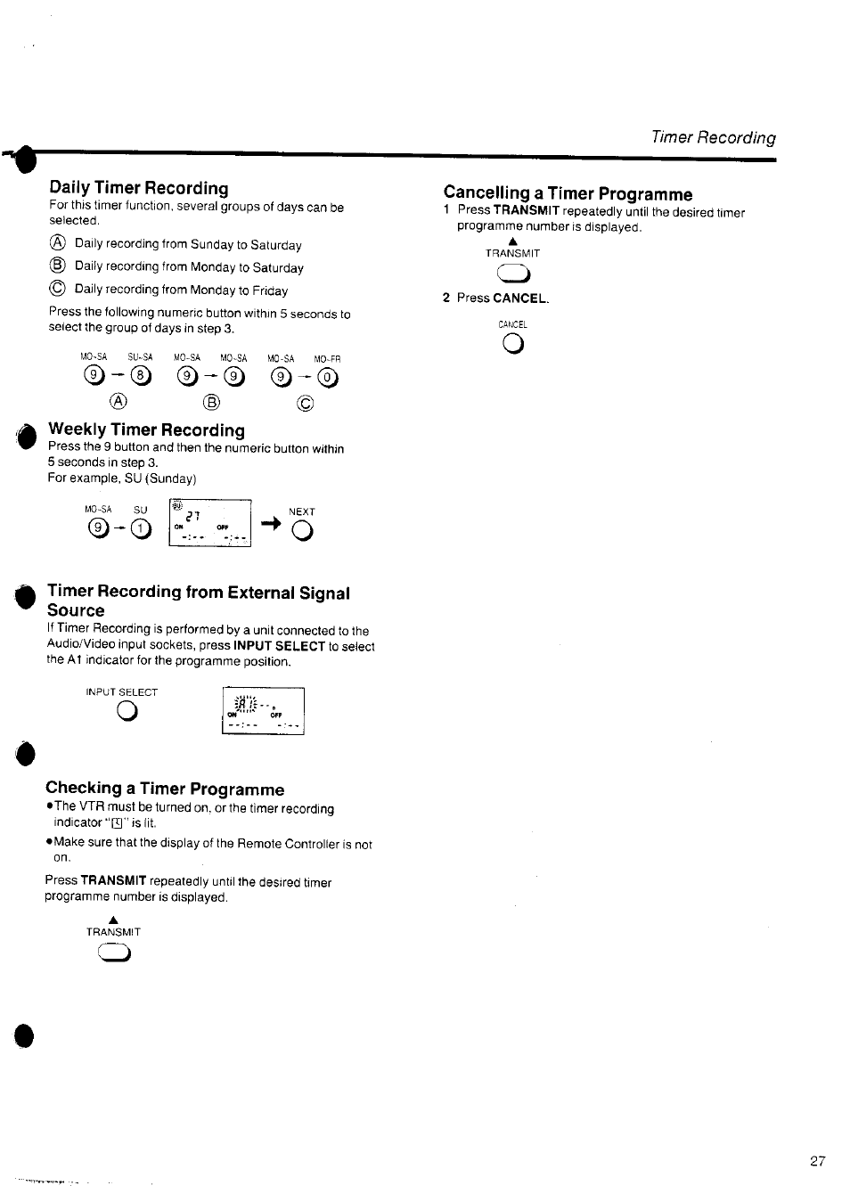 Daily timer recording, Weekly timer recording, Cancelling a timer programme | Timer recording from external signal source, Checking a timer programme | Panasonic NV-SD10 Series User Manual | Page 26 / 36