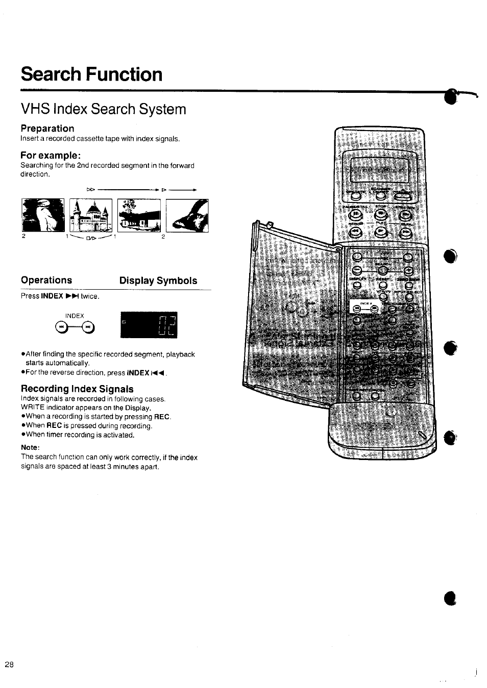 Search function, Preparation, For example | Operations, Display symbols, Recording index signals, Vhs index search system | Panasonic NV-SD10 Series User Manual | Page 27 / 36