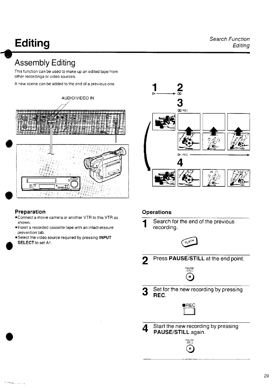 Editing, Assembly editing, Preparation | Operations, H search for the end of the previous ■ recording, 2 press pause/still at the end point | Panasonic NV-SD10 Series User Manual | Page 28 / 36