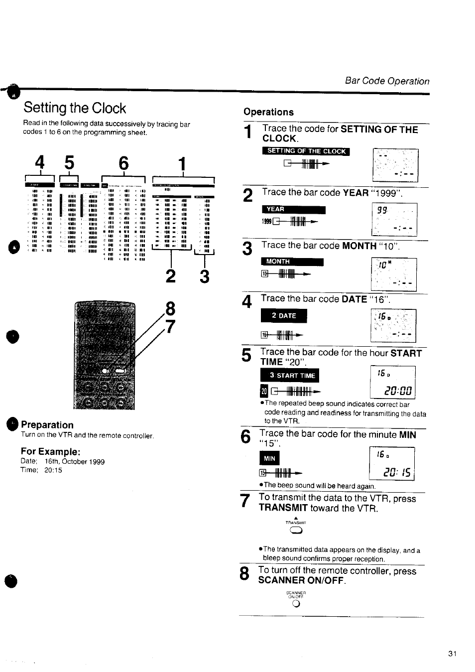 Preparation, For example, Operations | Trace the code for setting of the clock, 2 trace the bar code year “1999, Trace the bar code month “10, Trace the bar code date “16, Trace the bar code for the hour start time “20, Setting the clock | Panasonic NV-SD10 Series User Manual | Page 30 / 36