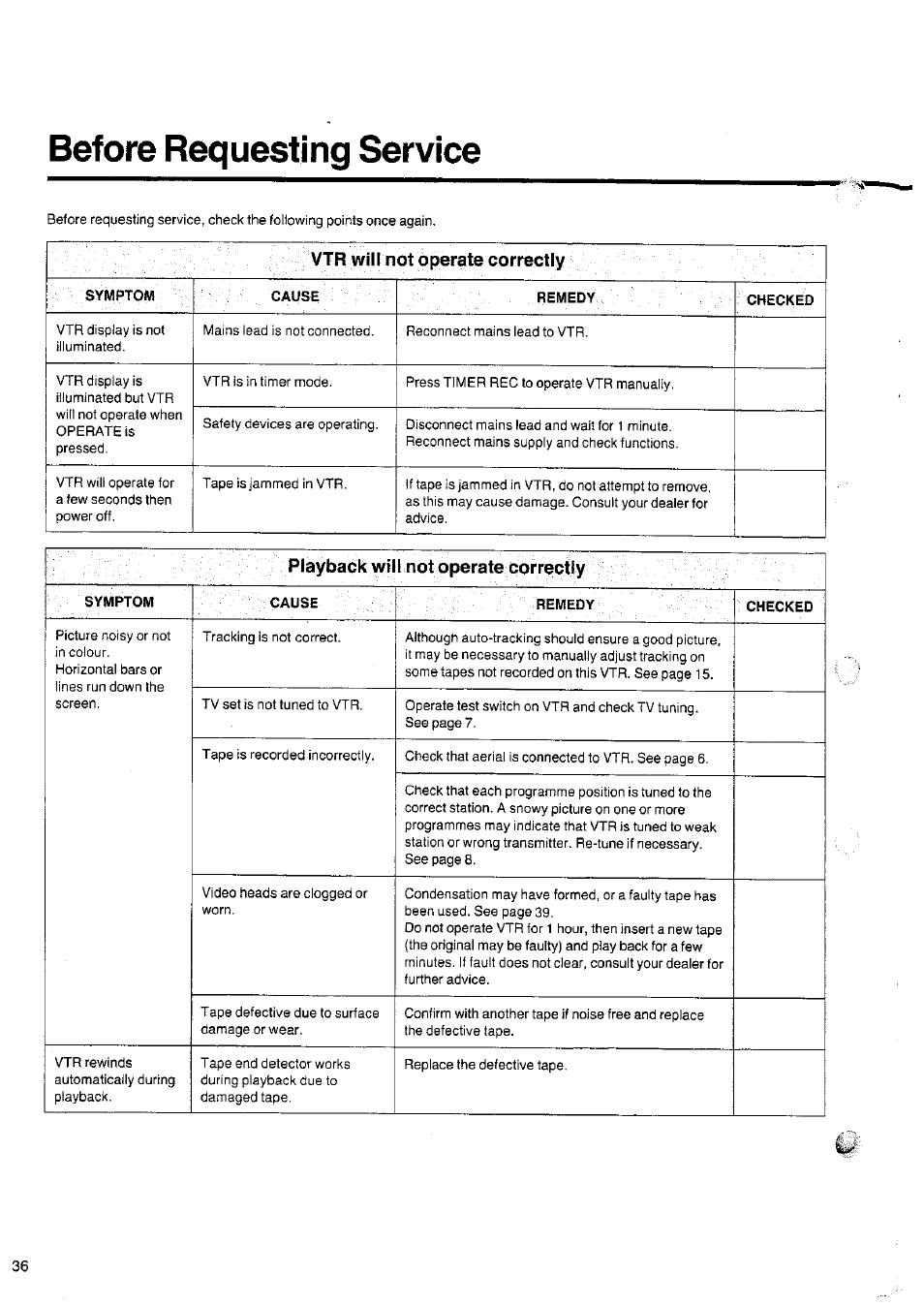Before requesting service, Vtr will not operate correctly, Playback will not operate correctly | Panasonic NV-SD10 Series User Manual | Page 33 / 36