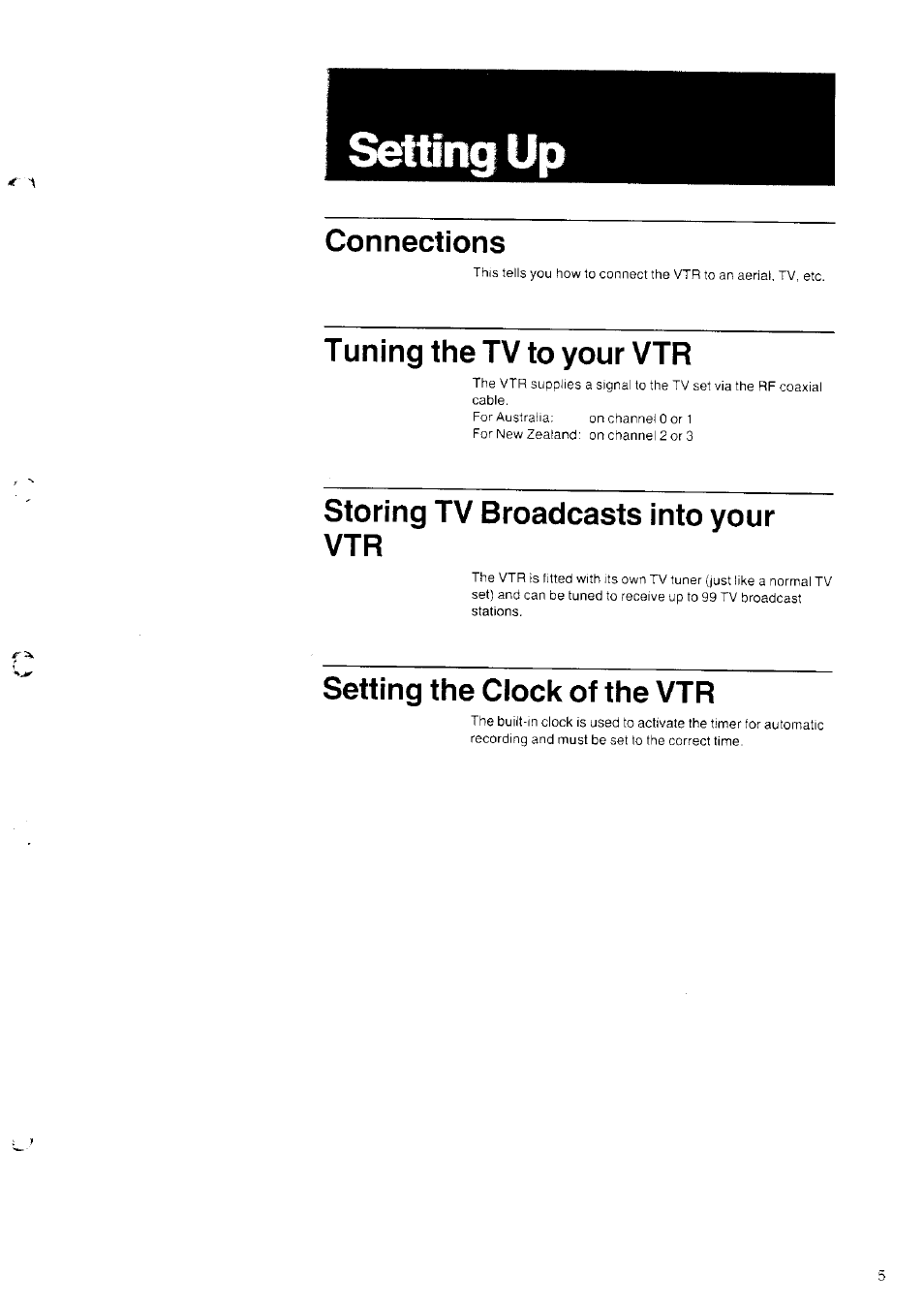 Connections, Tuning the tv to your vtr, Storing tv broadcasts into your vtr | Setting the clock of the vtr | Panasonic NV-SD10 Series User Manual | Page 5 / 36