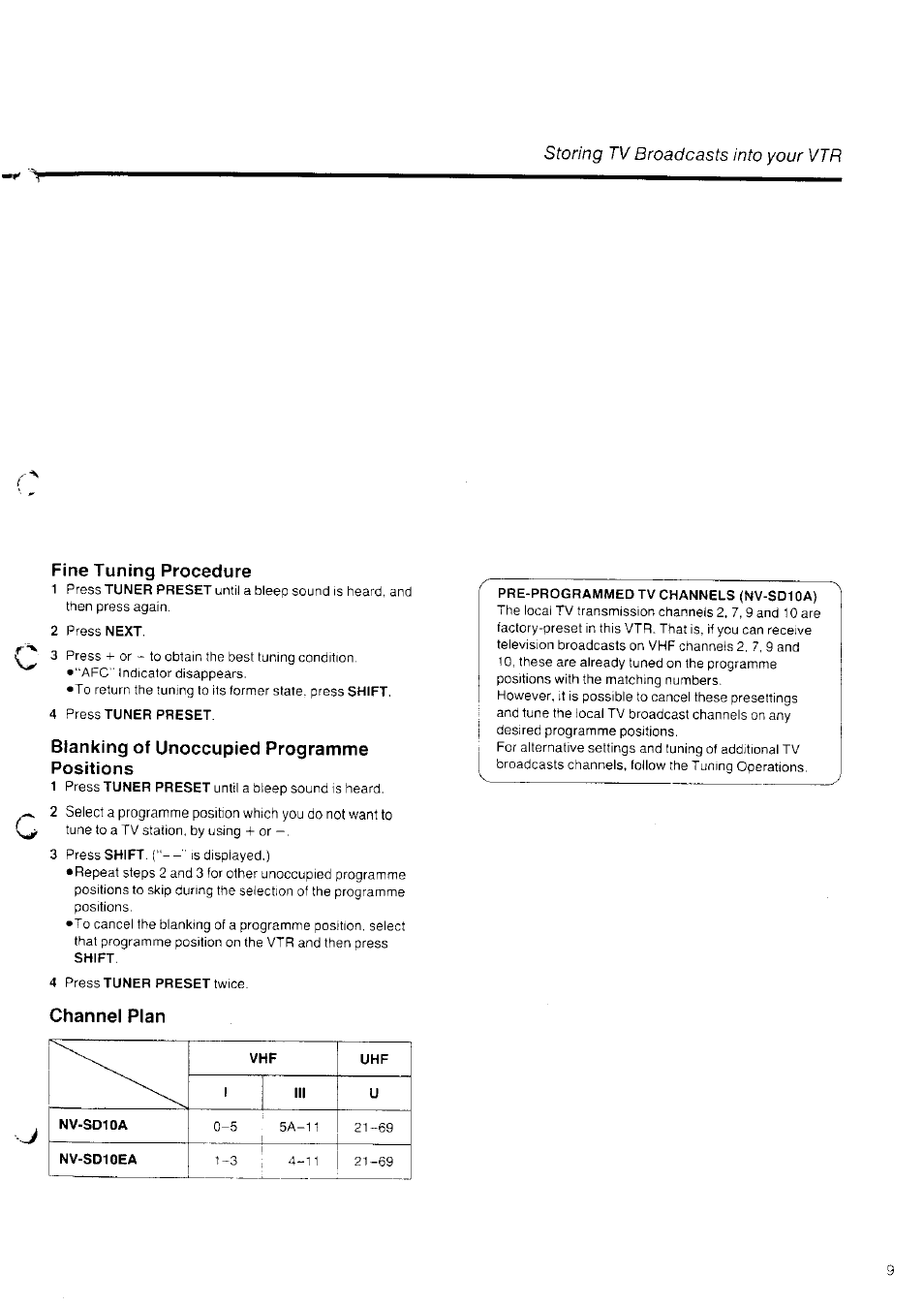 Fine tuning procedure, Blanking of unoccupied programme positions, Channel plan | Panasonic NV-SD10 Series User Manual | Page 9 / 36
