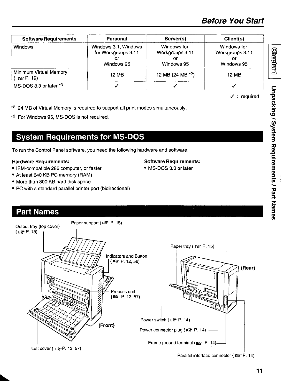 System requirements for ms-dos, Hardware requirements, Software requirements | Part names, Before you start | Panasonic KX-P6500 User Manual | Page 11 / 68