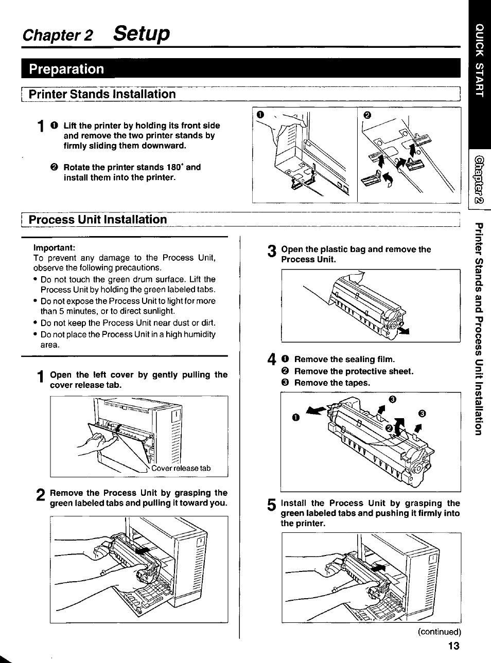 Preparation, Printer stands installation, Important | Open the plastic bag and remove the process unit, 2 setup, Chapter | Panasonic KX-P6500 User Manual | Page 13 / 68