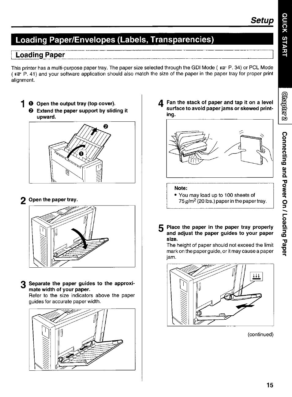 Loading paper/envelopes (labels, transparencies), Loading paper, Note | Panasonic KX-P6500 User Manual | Page 15 / 68