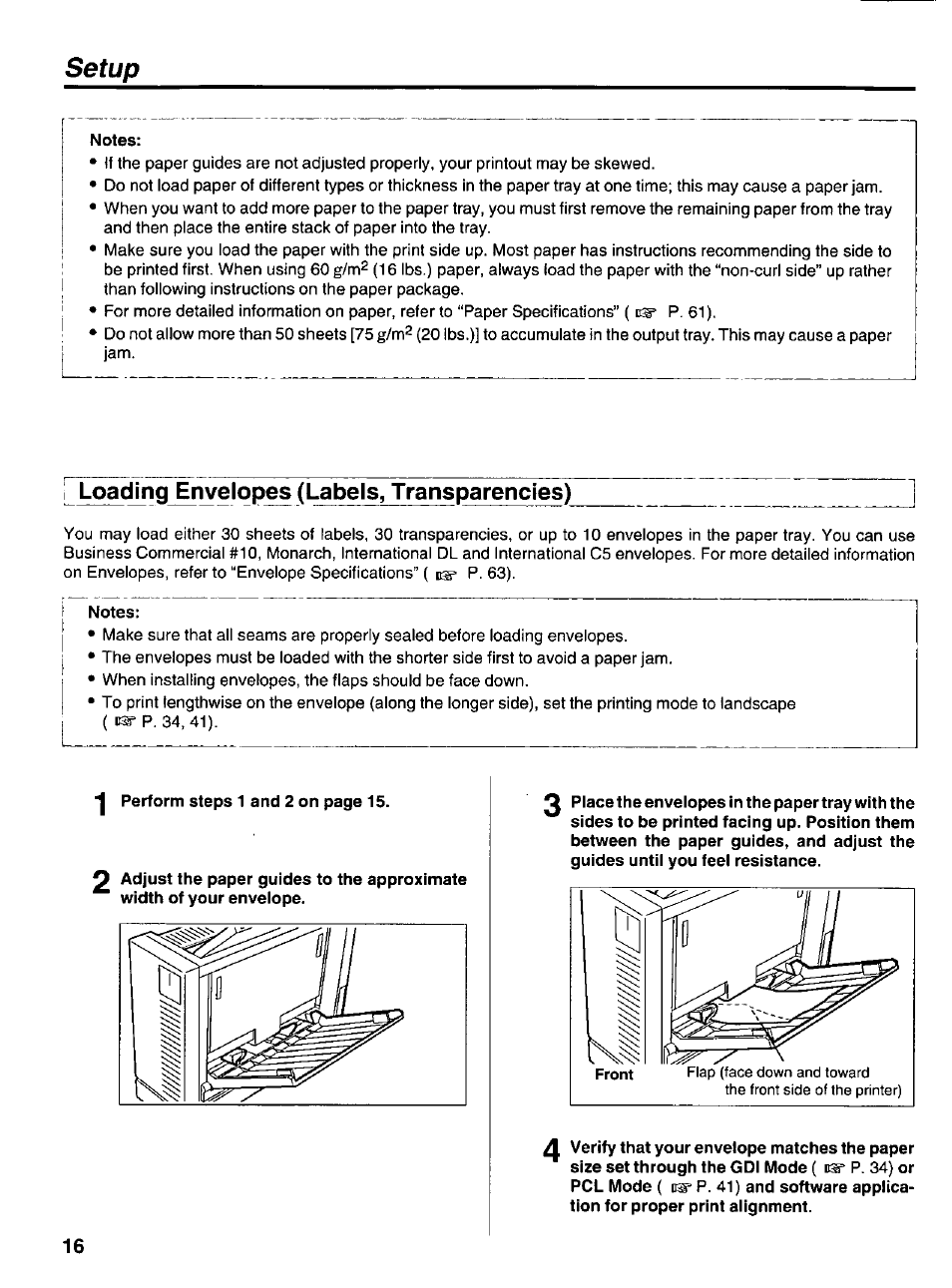 Notes, Loading envelopes (labels, transparencies), Setup | Panasonic KX-P6500 User Manual | Page 16 / 68