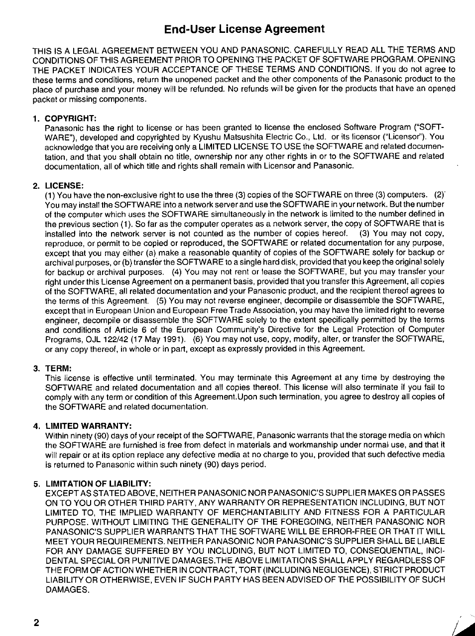 End-user license agreement, Copyright, License | Term, Limited warranty, Limitation of liability | Panasonic KX-P6500 User Manual | Page 2 / 68