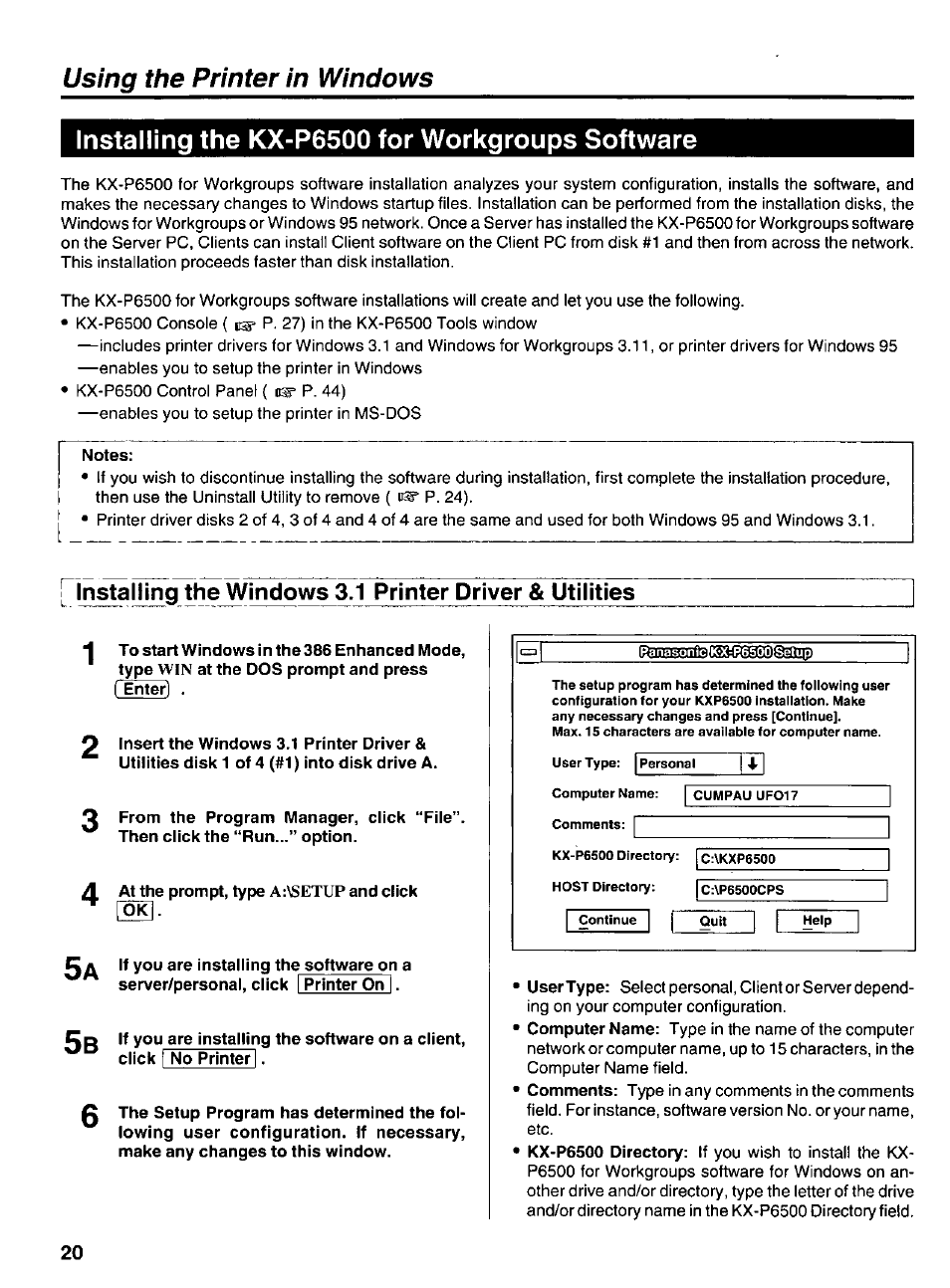 Installing the kx-p6500 for workgroups software, Notes | Panasonic KX-P6500 User Manual | Page 20 / 68