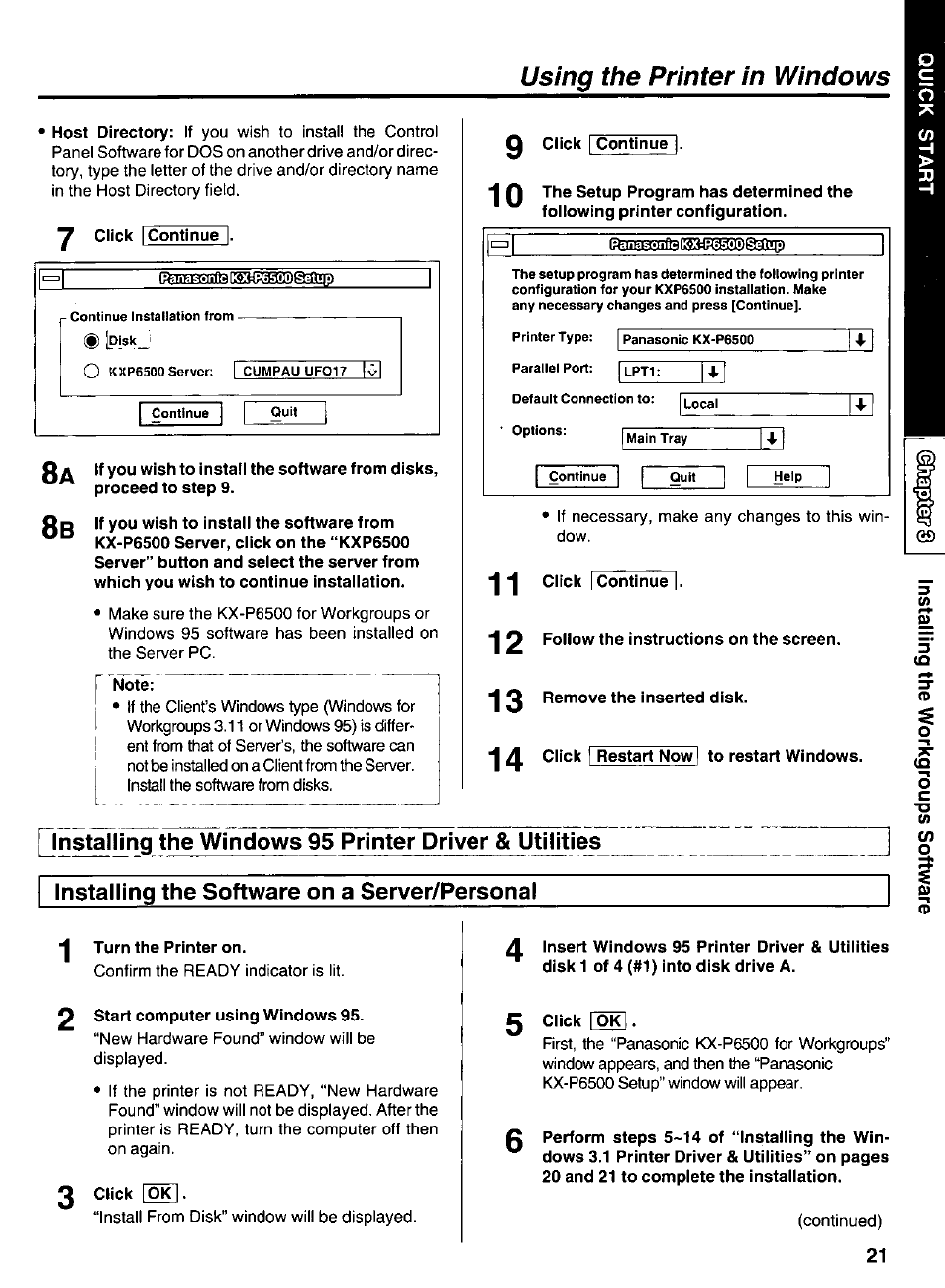 Installing the software on a server/personal, Using the printer in windows | Panasonic KX-P6500 User Manual | Page 21 / 68