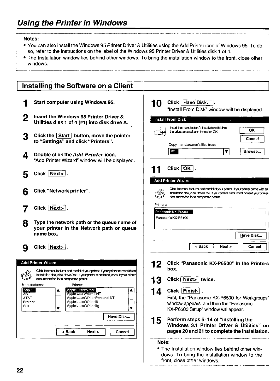 Installing the software on a client, Start computer using windows 95, Double click the add printer icon | 0 click “network printer”. ^ click i next> i, 0 click next, 10 click i have disk, Click “panasonic kx-p6500” in the printers box, 13 click i next> i twice, 1 5 psi^orm steps 5-14 of “installing the, Note | Panasonic KX-P6500 User Manual | Page 22 / 68