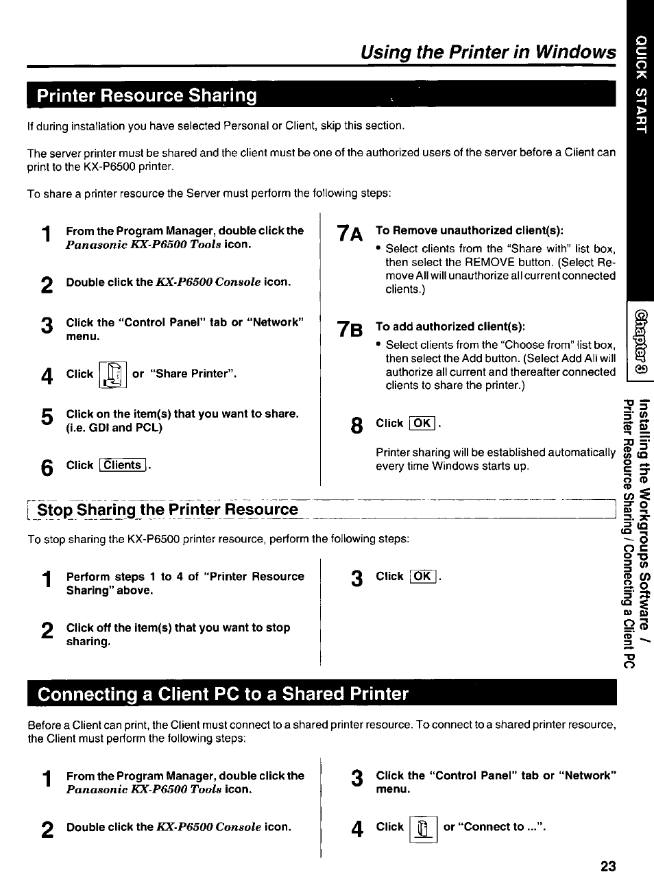 Printer resource sharing, I stop sharing the printer resource, Connecting a client pc to a shared printer | Stop sharing the printer resource, I stop sharing the printer resource 7, Panasonic kx-p6500 tools, Kx-p6500 console | Panasonic KX-P6500 User Manual | Page 23 / 68